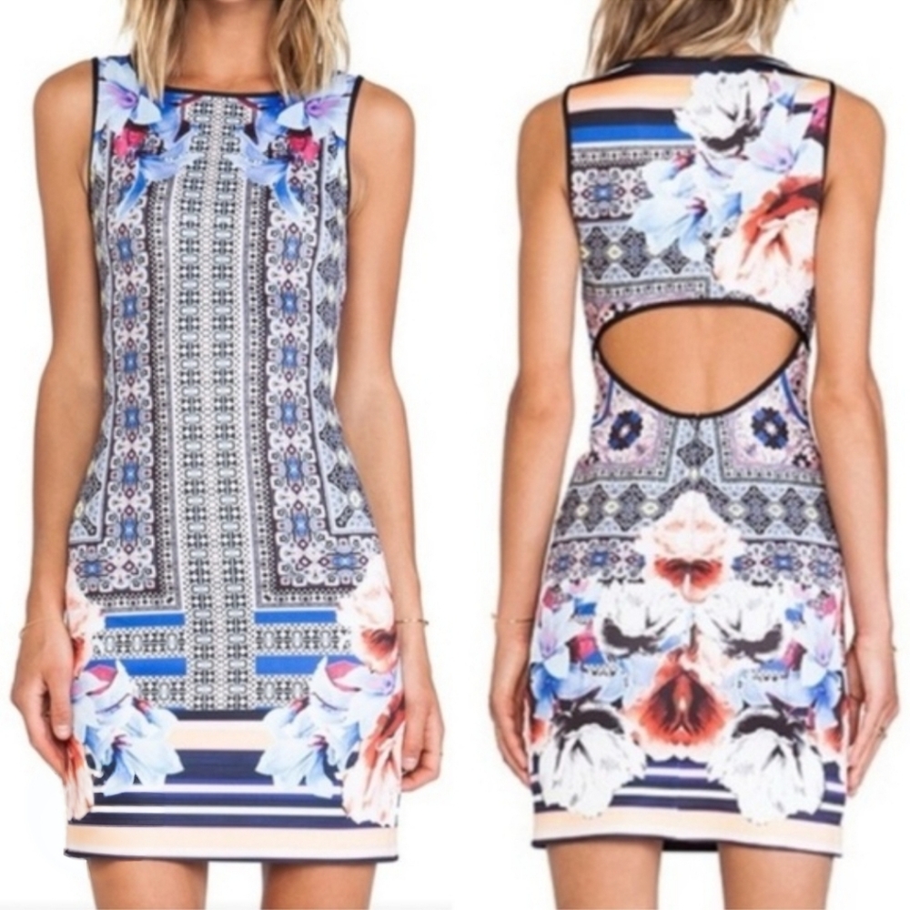 Clover Canyon Blue and Pink Geometric Floral Mini Dress